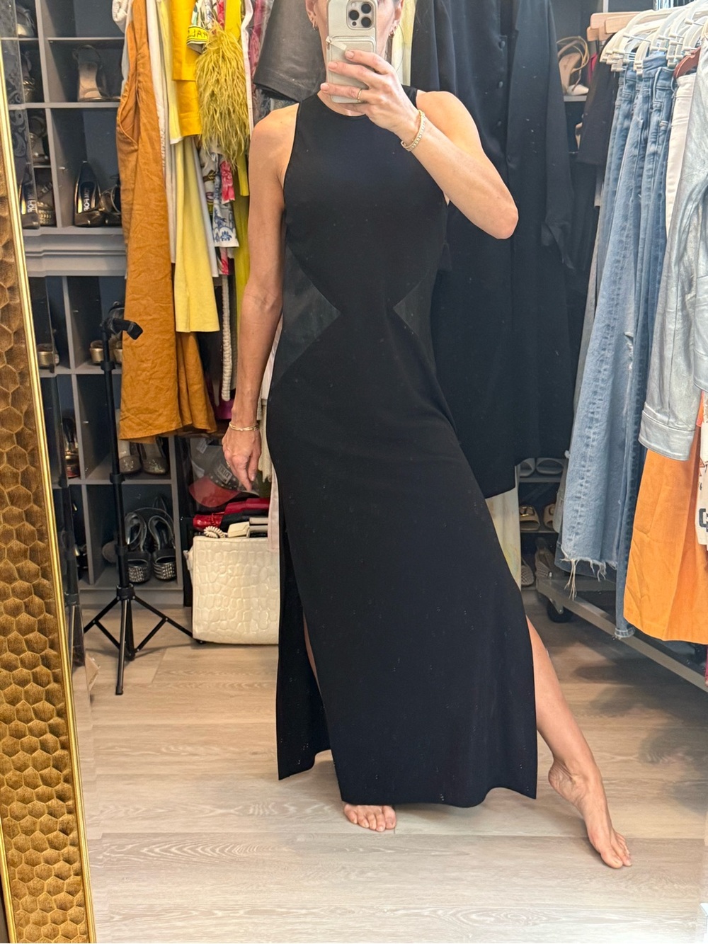 Vintage Poly and Real Leather Accent Black Maxi Dress with Double Side Slits
